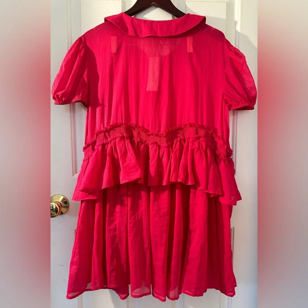 NWT KIMCHI BLUE Pink Ruffled Babydoll Cotton Large Peter Pan Collar Puff Sleeves - Picture 2 of 11